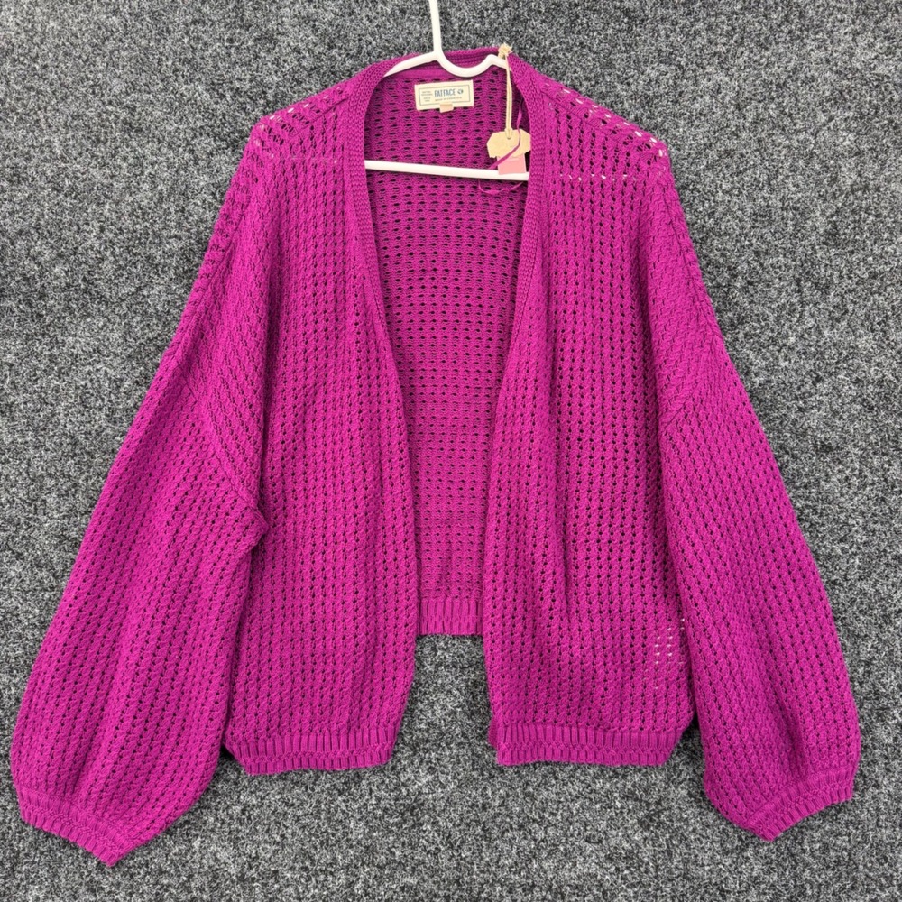 FatFace Magenta Cotton Pointelle Open Front Cardigan US 14 Balloon Sleeve